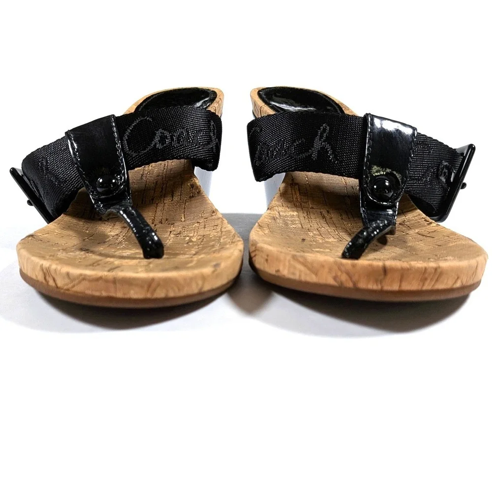 Coach Bernadette Black Patent Leather Cork Wedge Thong Sandals Y2K Coastal 6.5B